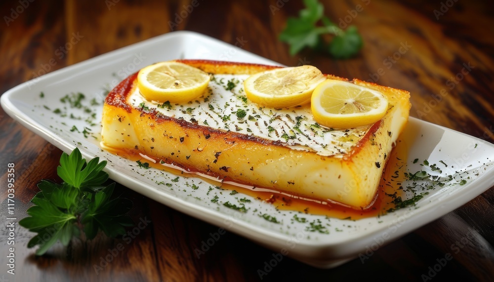 Delicious Saganaki Cheese Dish with Lemon Slices and Fresh Herbs on White Plate Delicious Saganaki Cheese Dish with Lemon Slices and Fresh Herbs on White Plate