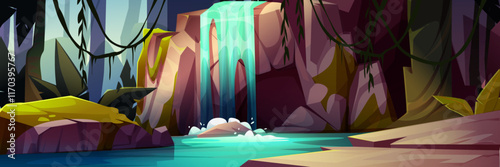 Flowing waterfall over cave entrance - magical turquoise stream leaking through rocky grotto with hanging vines, brown cliffs and water pool. Mystical fantasy location for game level background.