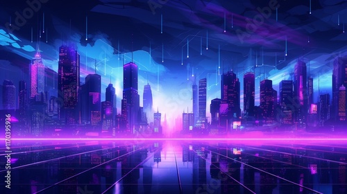 Cyberpunk Abstract Cityscape with Glowing Neon Skyline and Futuristic Grid Patterns