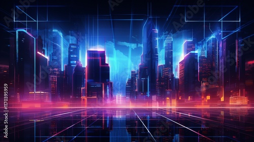 Cyberpunk Abstract Cityscape with Glowing Neon Skyline and Futuristic Grid Patterns