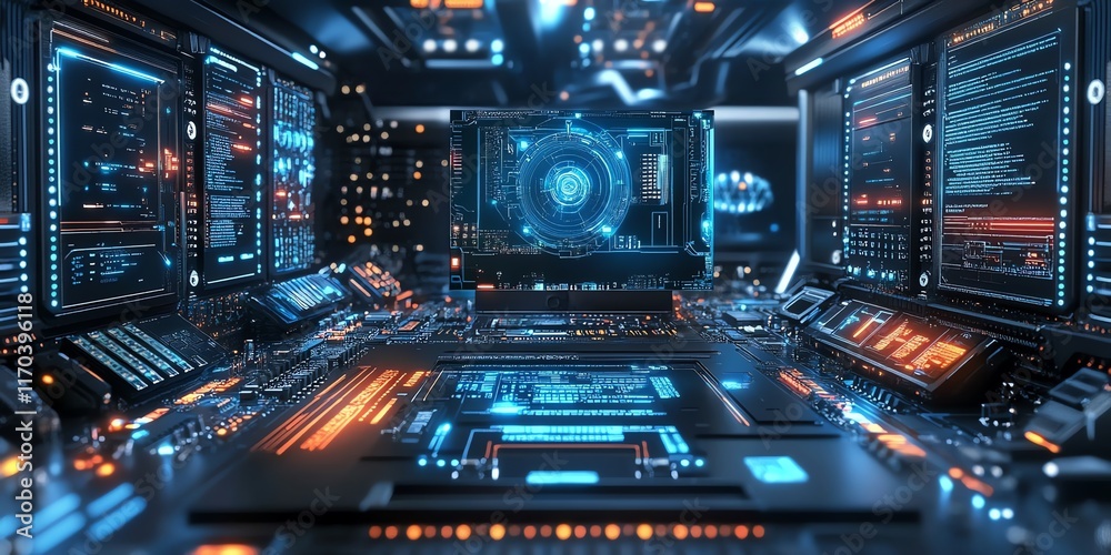 Fototapeta premium Futuristic Tech Control Room: Neon Blue and Orange Circuitry Display