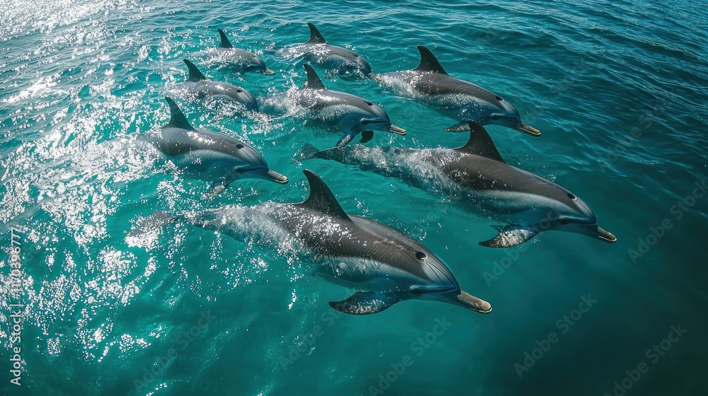 Naklejka premium A pod of dolphins swimming gracefully in the turquoise ocean waters, showcasing their sleek bodies and powerful movements. A breathtaking view of marine wildlife in their natural habitat.