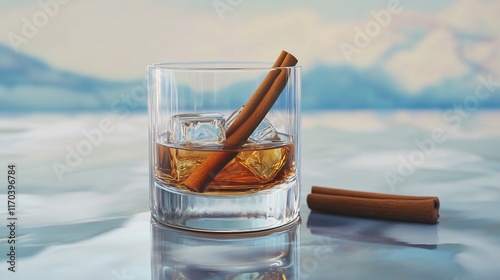 A close-up of a whiskey glass filled with amber liquid and ice, garnished with a cinnamon stick.