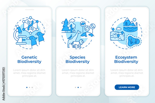 Types of biodiversity blue onboarding mobile app screen. Walkthrough 3 steps editable graphic instructions with linear concepts. UI, UX, GUI template. Montserrat SemiBold, Regular fonts used
