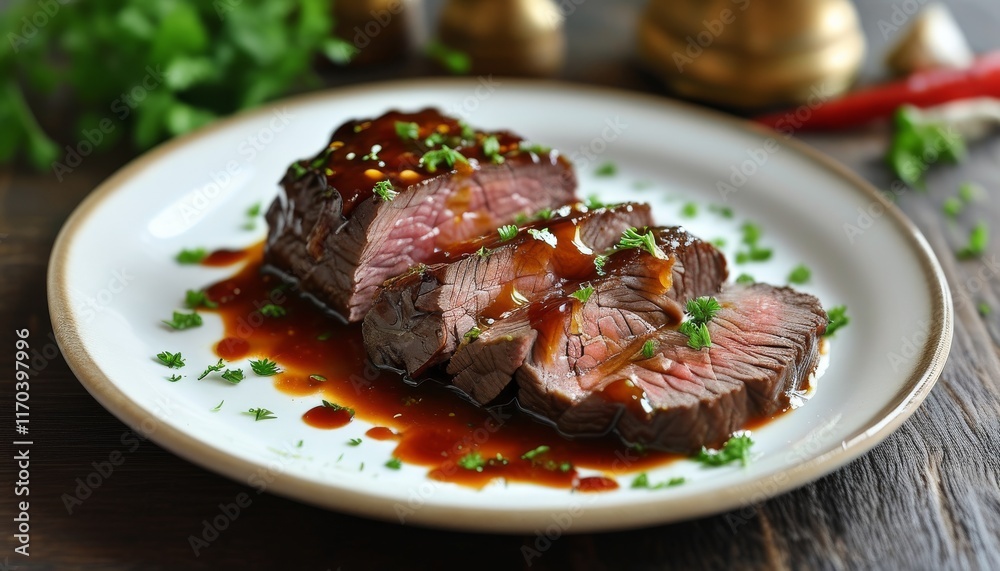 Marinated Beef Slices with Rich Sauce and Fresh Herbs on White Plate Marinated Beef Slices with Rich Sauce and Fresh Herbs on White Plate