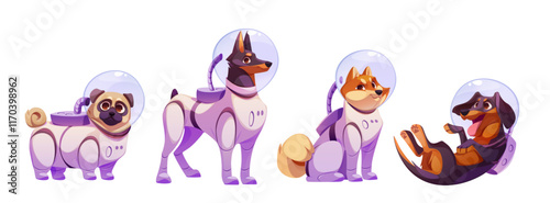 Space dog character set in protective suits - cartoon pug, doberman, shiba inu and dachshund wearing purple astronaut gear with transparent helmets. Cute cosmic pets for science fiction game design.