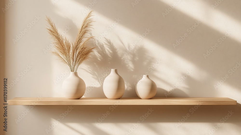 Fototapeta premium Light-filled room, shelf with vases and pampas grass, interior design
