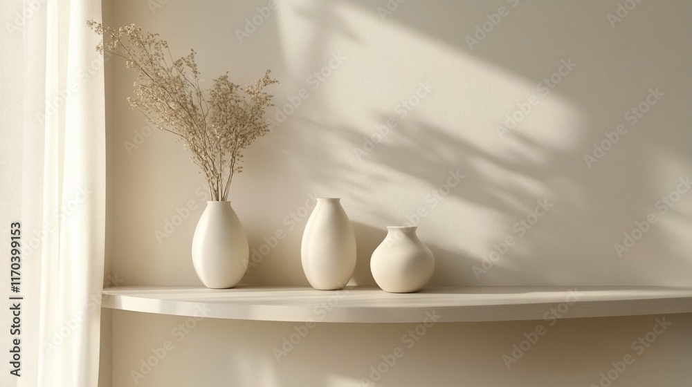 Fototapeta premium Sunlight-drenched shelf display of vases and dried flowers
