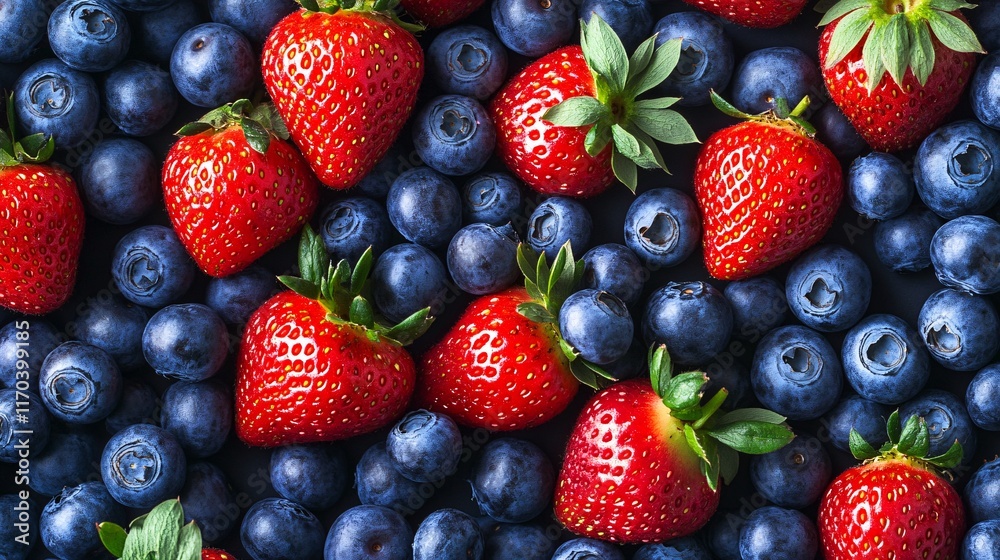 Fresh strawberries and blueberries create a vibrant, colorful mix, perfect for healthy snacks or desserts. Fresh strawberries and blueberries create a vibrant, colorful mix, perfect for healthy snacks or desserts.