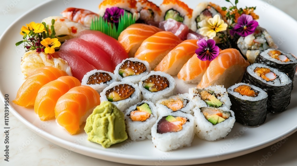 Sushi platter with nigiri, sashimi, maki rolls, wasabi, and edible flowers Sushi platter with nigiri, sashimi, maki rolls, wasabi, and edible flowers