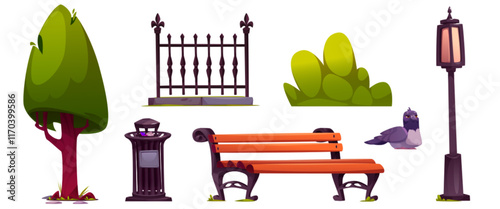 Urban park design elements set isolated on white background. Vector cartoon illustration of wooden bench, waste bin, retro lantern, summer green tree and bush, elegant iron fence and pigeon bird photo