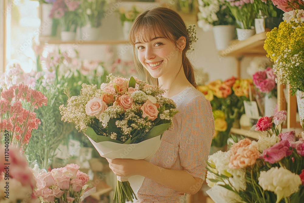 Nice smiling florist ties bouquet in flower shop Nice smiling florist ties bouquet in flower shop