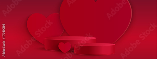 Love themed podium design with red cylindrical platforms on romantic backdrop - minimalist 3d composition with heart shapes and scarlet display stands. Valentine day product presentation stage.