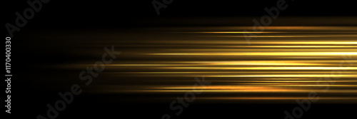 Speed light effect with golden rays stretching horizontally - bright luminous streaks creating motion blur on dark background. Dynamic glowing lines for high velocity movement futuristic design.