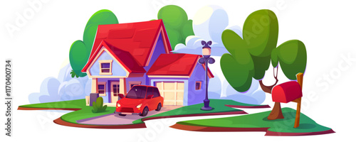 House exterior with red roof, blue walls and attached garage with parked car - modern residential building surrounded by green trees, decorative lamppost and mailbox. Suburban neighborhood cottage.
