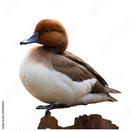  Madagascar pochard restingon piece of wood isolated on white background photo