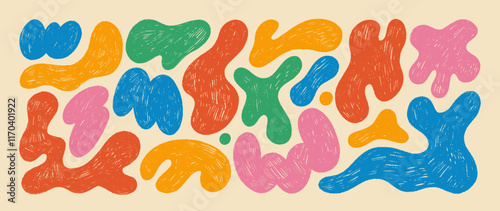 Funky abstract crayon drawn fluid shapes. Retro style colored fluid geometric shapes.