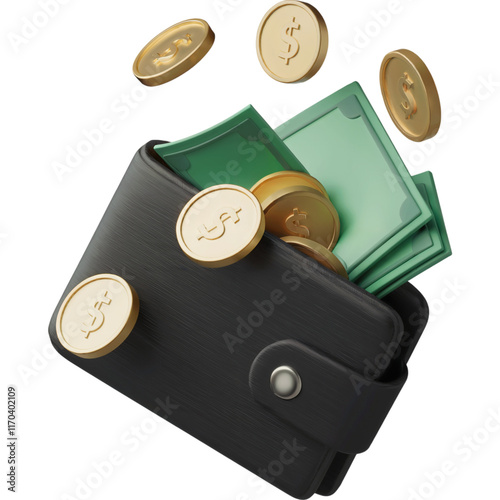 Money and Coins Falling from Wallet