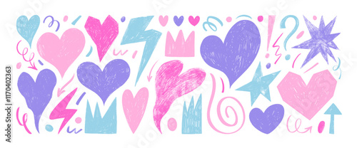 Pastel colored crayon drawn heart shapes, crowns, lightnings and squiggles. Collection of graffiti punk and girly shapes. Scribble doodle, pencil texture stickers. Abstract love elements.