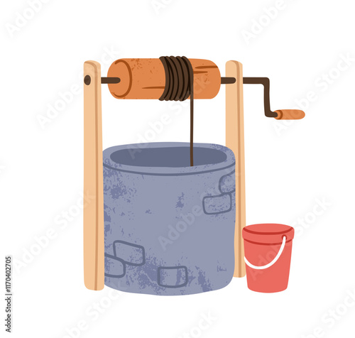 Stone water well with bucket, crank with rope. Old traditional country rural ...