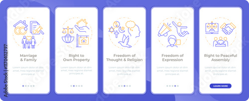 Social rights freedom app onboarding screens. Duo tone vector illustration. UI design flow. 5 steps walkthrough mobile interface slide layout. Montserrat SemiBold, Regular fonts used