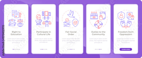 Social culture rights app onboarding screens. Duo tone vector illustration. UI design flow. 5 steps walkthrough mobile interface slide layout. Montserrat SemiBold, Regular fonts used