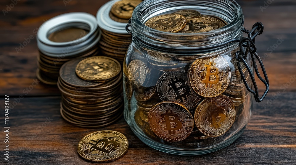 Jar Filled with Assorted Coins on Table Surrounded by Loose Coins Creating an Atmosphere of Wealth Savings and Financial Planning in a Home Setting Jar Filled with Assorted Coins on Table Surrounded by Loose Coins Creating an Atmosphere of Wealth Savings and Financial Planning in a Home Setting