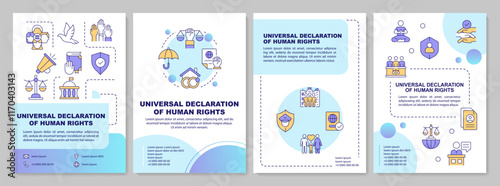 Human rights universal declaration blue gradient brochure template. Equality, democracy. Leaflet design with linear icons. Editable 4 vector layouts. Arial-Bold, Myriad Pro-Regular fonts used