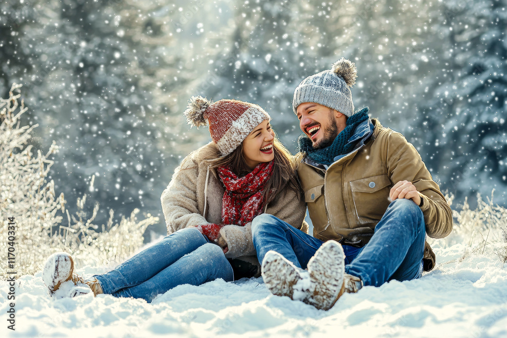 Obraz premium Joyful Couple Laughing In A Winter Wonderland