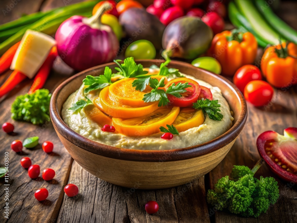 Vibrant Brain Boosting Veggie Bowl with Hummus - Macro Photography Vibrant Brain Boosting Veggie Bowl with Hummus - Macro Photography