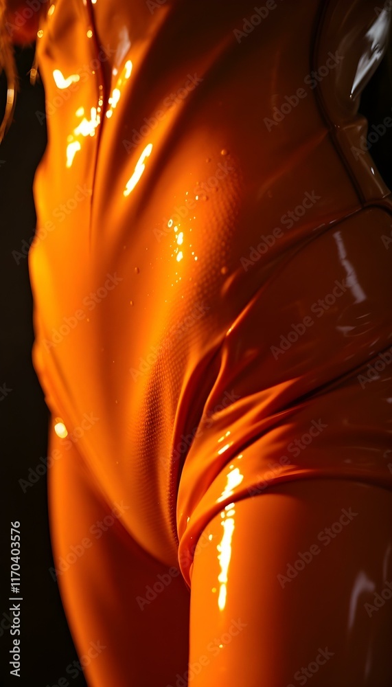 close up of woman in latex orange suit