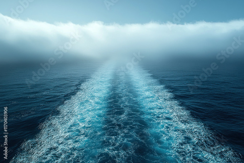 Ship's wake disappearing into the misty ocean.