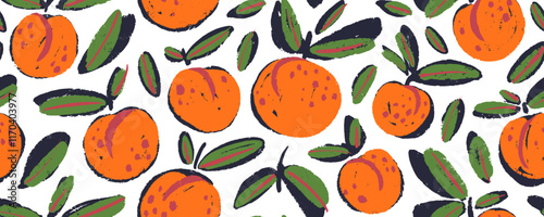 Seamless funky pattern with hand drawn peaches or apricots. Colorful brush drawn fruits design. Modern naive background with kid drawings. Cute primitive peaches and apricots with crayon texture.