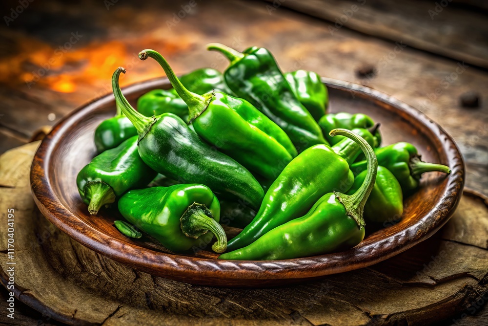 Vibrant Green Chili Peppers in Rustic Clay Bowl - Stock Photo Vibrant Green Chili Peppers in Rustic Clay Bowl - Stock Photo