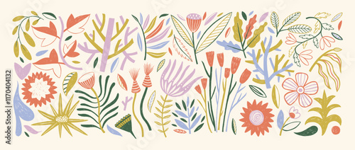 Crayon drawn folk plants and flowers collection. Botanical cute elements. Linocut folk organic minimalist meadow plants. Vector graphic collection of branches, petals and flowers with pencil texture.