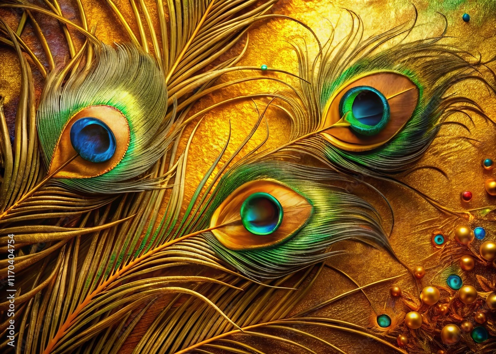 Obraz premium Vibrant Peacock Feathers with Gold Accents - Elegant Stock Photo