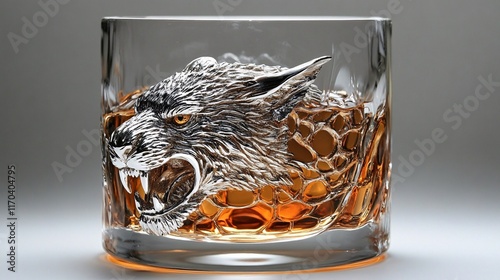 Intricately designed whiskey glass featuring a fierce wolfhead, filled with amber liquid. photo