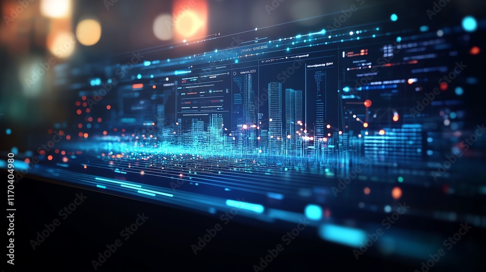 Obraz premium Futuristic Cityscape: Digital Skyline Illuminated with Neon Data Streams