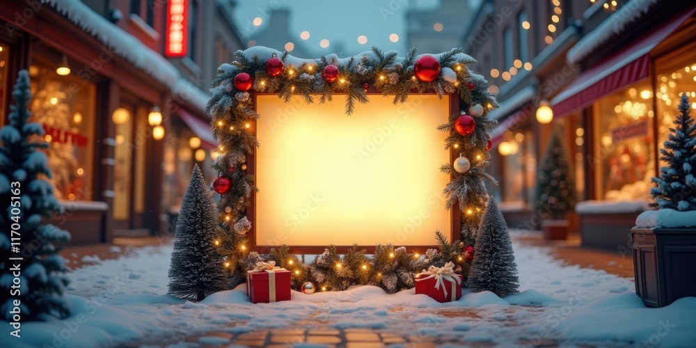 Obraz premium Festive winter scene featuring a blank sign framed with Christmas decorations, perfect for holiday promotions or seasonal marketing.