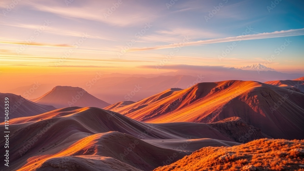 Naklejka premium Golden Hour Hues Across a Vast Mountain Range at Sunrise