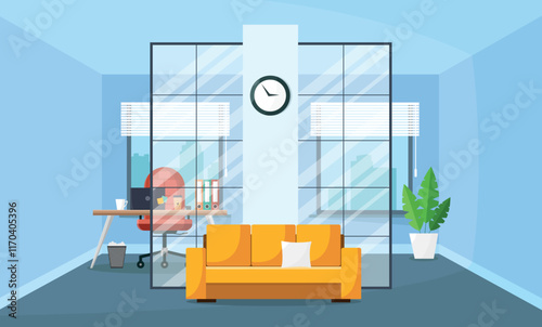 Office interior with furniture, equipment and windows. Workroom. Vector illustration.