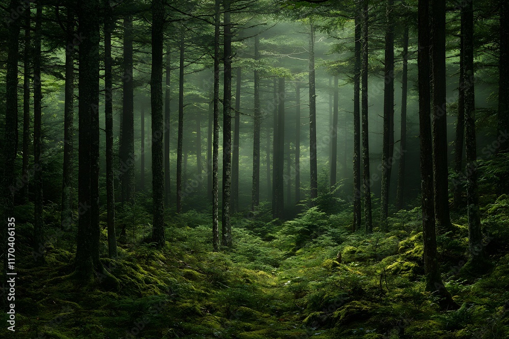 Naklejka premium Misty Forest Path Lush Green Canopy