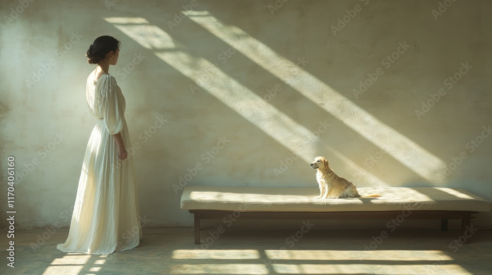 Woman in white dress gazing at a dog in soft light. Woman in white dress gazing at a dog in soft light.