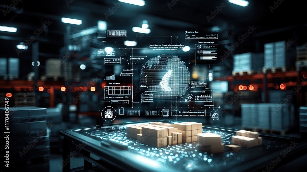 Cargo Management and Warehouse Scheduling Solutions concept. Digital warehouse with holographic data visualization and packages. Cargo Management and Warehouse Scheduling Solutions concept. Digital warehouse with holographic data visualization and packages.