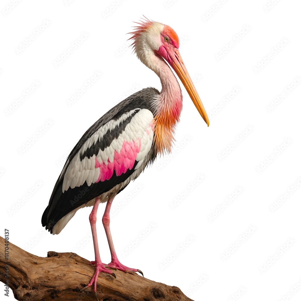 Fototapeta premium Painted Stork on piece of wood isolated on white background