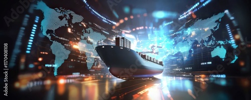 Cargo Management and Warehouse Scheduling Solutions concept. Futuristic cargo ship in a digital cityscape environment. photo
