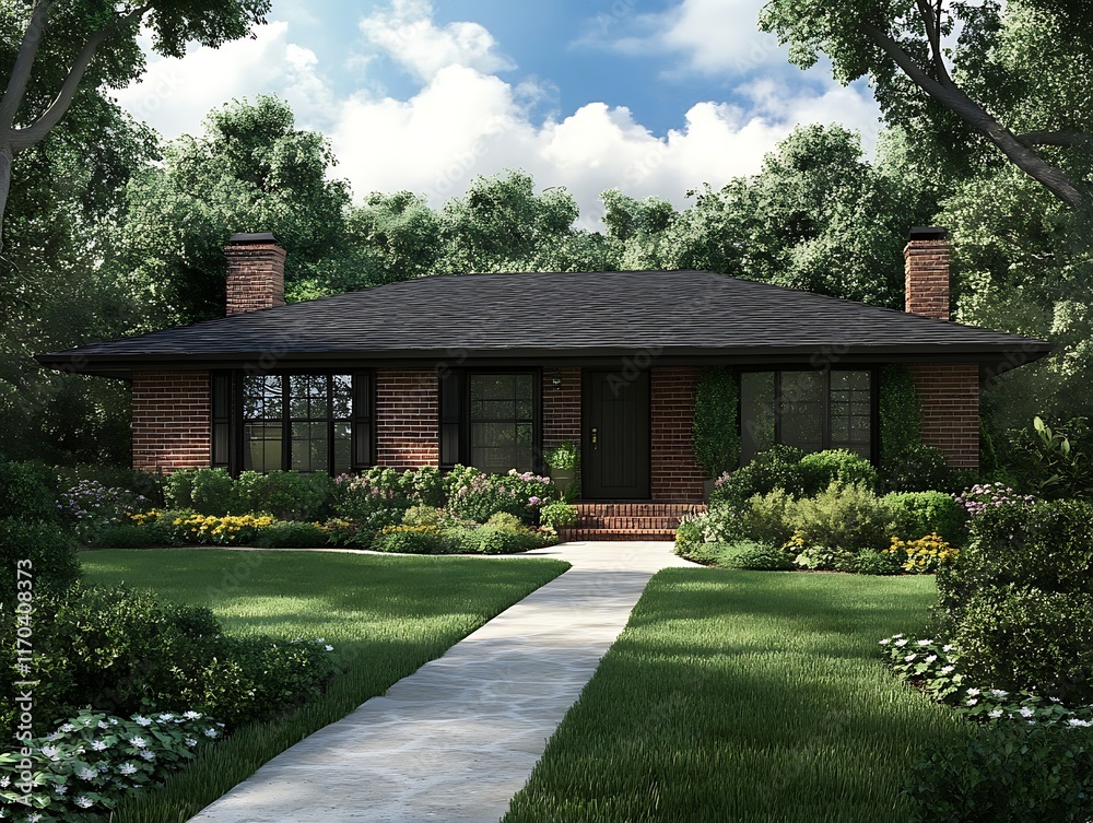 Naklejka premium classic ranch home with spacious front yard