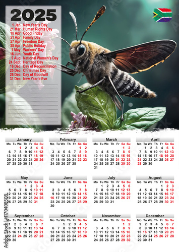 2025 Sugarbird Moth Wall Calendar - South African Public Holidays Highlighted photo