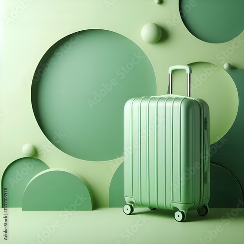 Stylish fashionable green travel suitcase looks elegant on a soft green background, creates a feeling of minimalism and modernity, the concept of travel