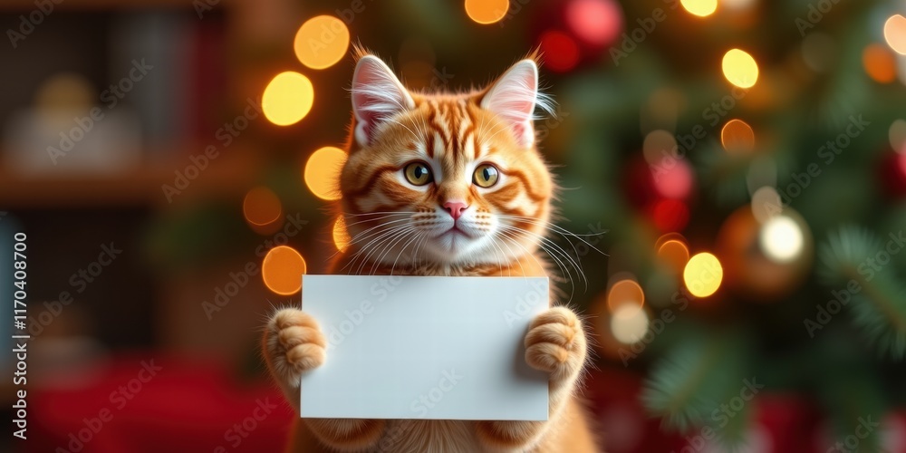 A charming orange cat holding a blank sign in front of a beautifully decorated Christmas tree, perfect for holiday marketing and pet-themed promotions. A charming orange cat holding a blank sign in front of a beautifully decorated Christmas tree, perfect for holiday marketing and pet-themed promotions.